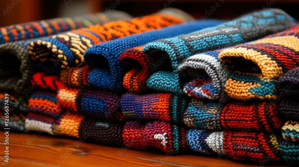 Fototapeta premium A stack of beautifully knitted sweaters showcases an array of colors and patterns, creating a warm and inviting atmosphere, Ideal for lifestyle blogs, fashion articles, or cozy home decor projects,