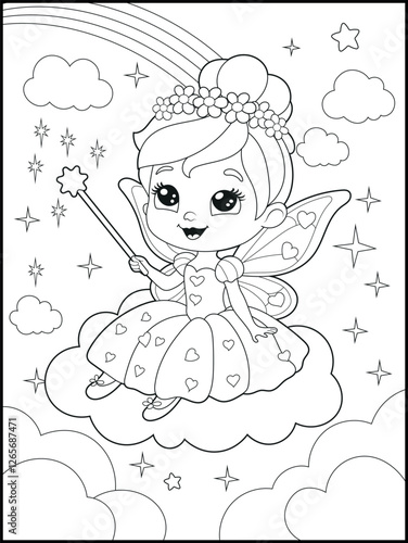 Black and white fairy coloring pages for kids. Children's coloring books with cute cartoon fairy characters, fun and educational materials for kindergarten.
