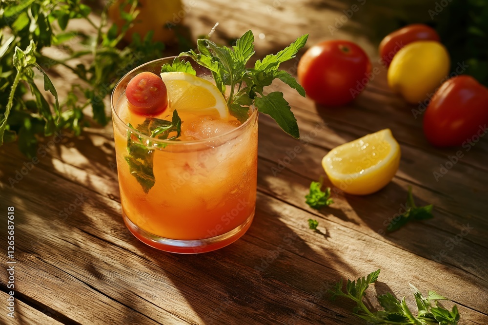 Refreshing spiced tomato juice no salt drink garnished with mint and lemon, perfect for sugar-free diet drinks. Concept features spiced tomato juice no salt for healthy hydration Refreshing spiced tomato juice no salt drink garnished with mint and lemon, perfect for sugar-free diet drinks. Concept features spiced tomato juice no salt for healthy hydration