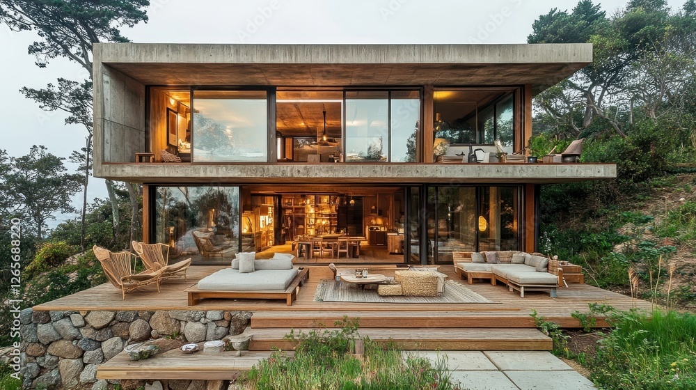 Naklejka premium Modern concrete house with large windows and a spacious wooden deck