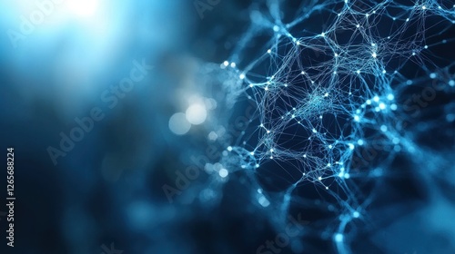 A close-up view of interconnected nodes and fibers in a blue-toned, abstract digital network, evoking themes of technology and connectivity.