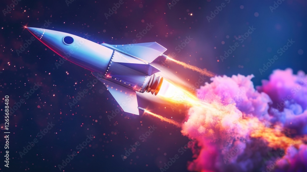 Fototapeta premium Cosmic Launch: A Rocket's Journey Through Vibrant Nebulae