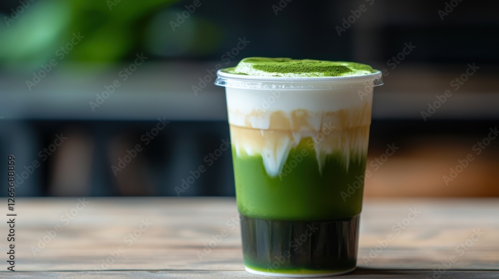 A vibrant layered drink in a clear cup, showcasing hues of green, white, and brown, perfect for a refreshing treat.