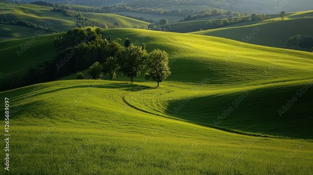 Fototapeta premium Lush green hills cascade under soft sunlight, showcasing the beauty of nature with gentle slopes and a serene landscape.
