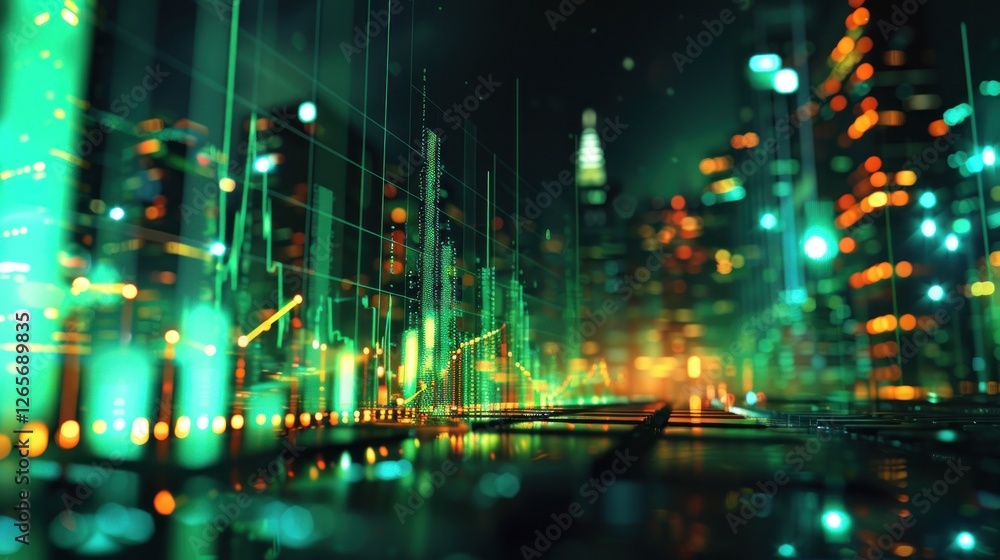 Fototapeta premium Neon Cityscape: Financial Data Overlay