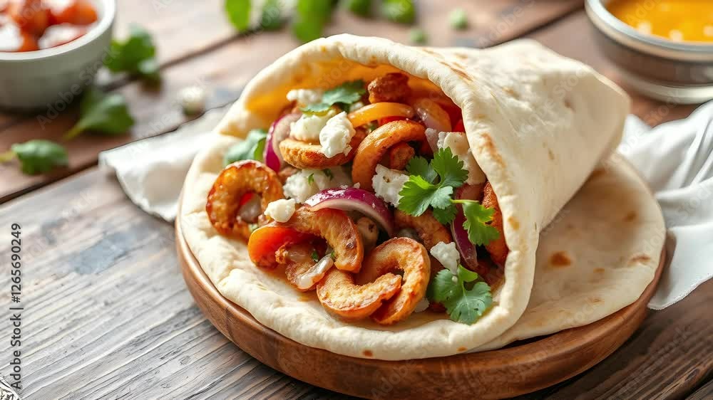 A close-up of a delicious wrap filled with grilled meat, fresh vegetables, and herbs on a wooden table. A close-up of a delicious wrap filled with grilled meat, fresh vegetables, and herbs on a wooden table.
