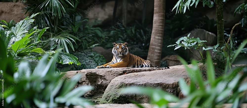 Tiger resting on rocks in lush jungle. Tiger resting on rocks in lush jungle.