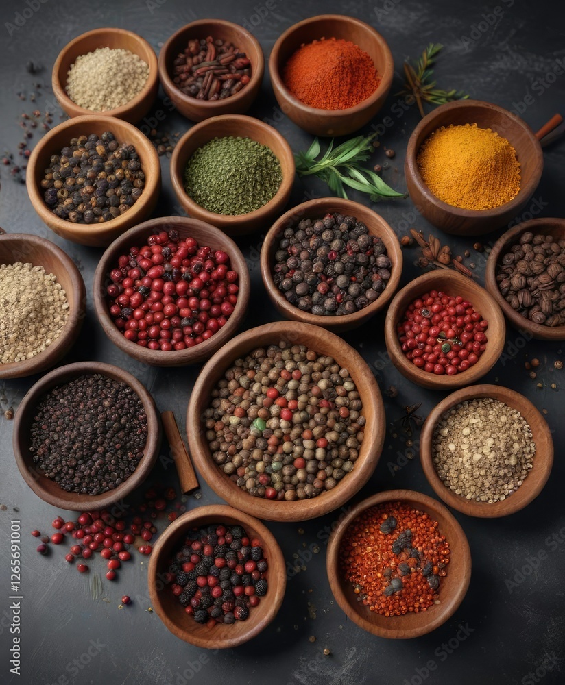 Wooden bowls filled with a mixture of peppercorns and spices, cooking essentials, kitchen decor, gourmet cuisine Wooden bowls filled with a mixture of peppercorns and spices, cooking essentials, kitchen decor, gourmet cuisine