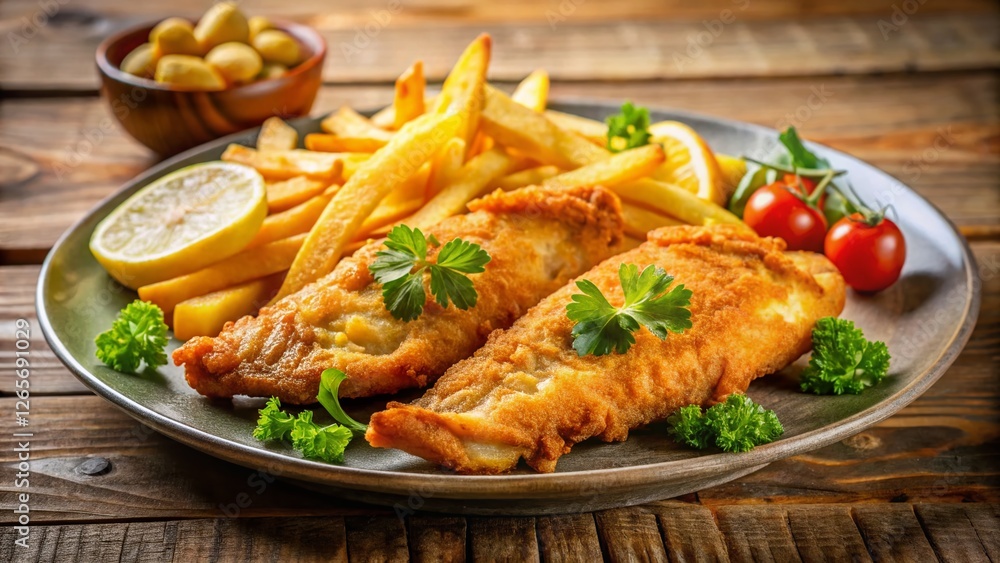 Delicious Fried Fish and Chips on a Plate - Tilt-Shift Stock Photo Delicious Fried Fish and Chips on a Plate - Tilt-Shift Stock Photo