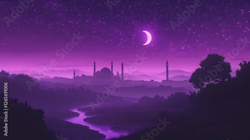 Nighttime crescent moon over purple mosque valley