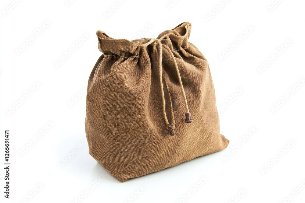 Brown drawstring bag made of fabric placed on a white background Brown drawstring bag made of fabric placed on a white background