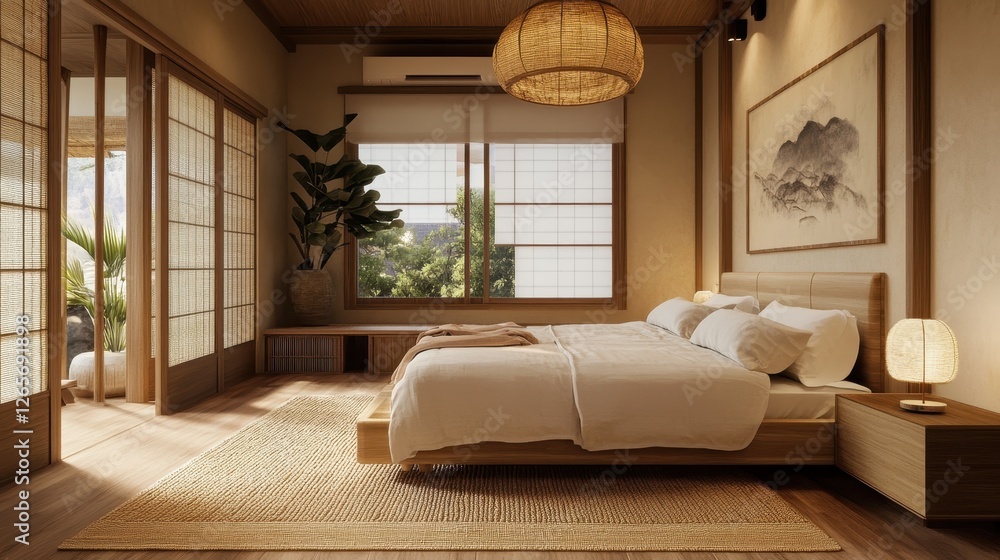 Fototapeta premium Beautiful bedroom features natural light and neutral color palette