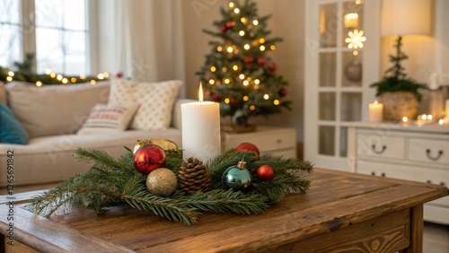 Wooden table with Christmas decorations, including a candle, evergreen branches, and ornaments, in a cozy living room setting, holly, winter, christmas tree