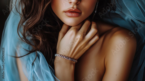Beautiful woman wearing silver chain bracelet against blue fabric background