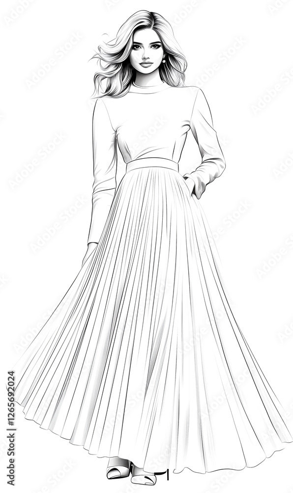 A woman is wearing a long white dress with a long skirt. She is standing in front of a white background A woman is wearing a long white dress with a long skirt. She is standing in front of a white background