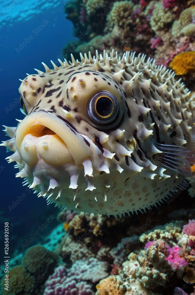 A close-up of a spiny pufferfish in a vibrant coral reef underwater scene. A close-up of a spiny pufferfish in a vibrant coral reef underwater scene.