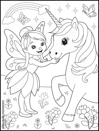 Black and white fairy coloring pages for kids. Children's coloring books with cute cartoon fairy and unicorn characters, fun and educational materials for kindergarten.