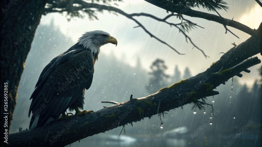 Fototapeta premium Pensive Bald Eagle Perched on Mossy Branch Admiring Nature Against a Rainy Mountain Landscape Backdrop Capturing Serenity