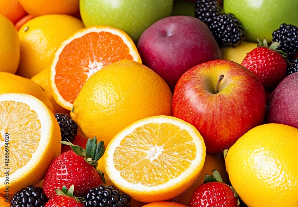 Close-up of various fresh fruits, stacked for a vibrant, nutritious background Close-up of various fresh fruits, stacked for a vibrant, nutritious background