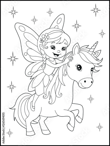 Black and white fairy coloring pages for kids. Children's coloring books with cute cartoon fairy and unicorn characters, fun and educational materials for kindergarten.