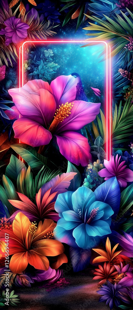 A colorful painting of flowers with a neon sign in the background. The painting is full of vibrant colors and has a lively, energetic feel to it. The neon sign adds a modern A colorful painting of flowers with a neon sign in the background. The painting is full of vibrant colors and has a lively, energetic feel to it. The neon sign adds a modern