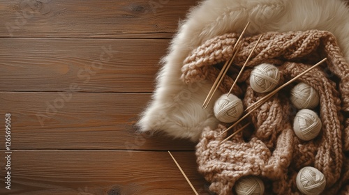 Cozy Knitting Setup With Warm Yarn, Needles, and a Partially Finished Scarf on a Wooden Table