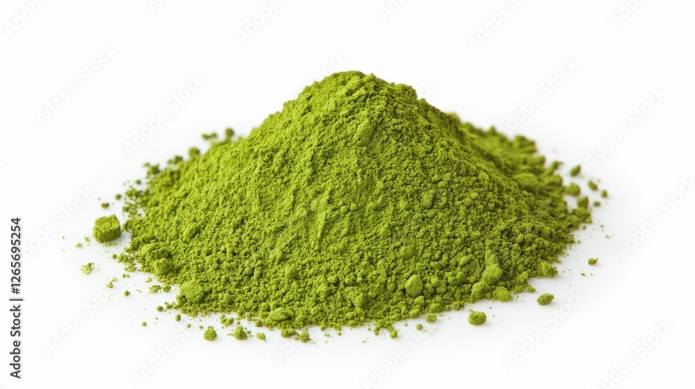 A mound of vibrant green powder, likely matcha or green tea, showcases its fine texture and rich color against a white background. A mound of vibrant green powder, likely matcha or green tea, showcases its fine texture and rich color against a white background.
