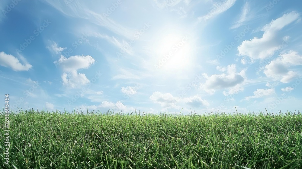 Obraz premium A bright, sunny sky above a lush green field with soft clouds, creating a serene and peaceful landscape ideal for nature lovers.