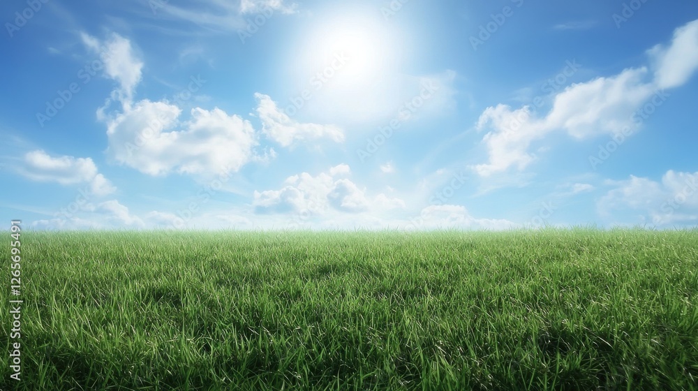 A vibrant green field under a bright blue sky with soft clouds and the sun shining brightly overhead.