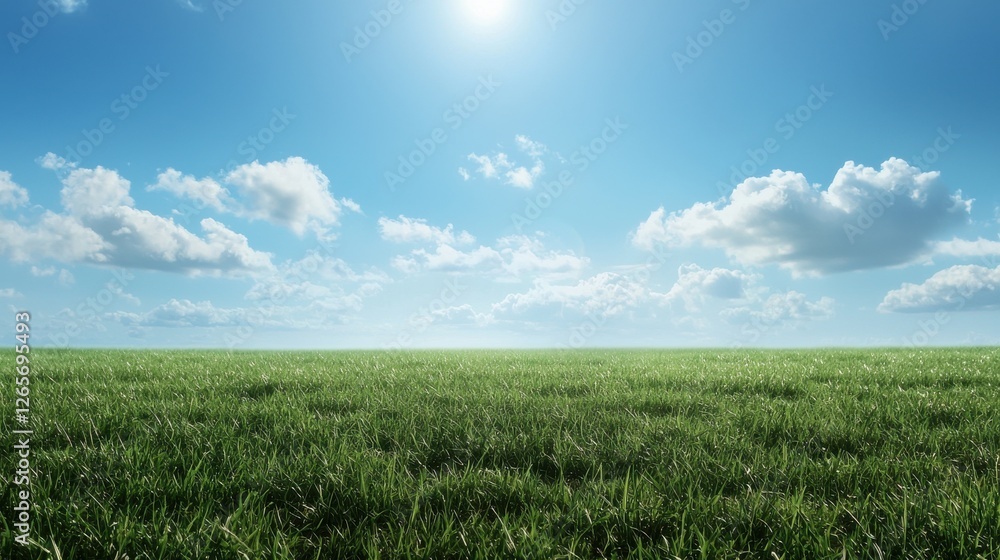 Obraz premium A vast green field stretches under a bright blue sky filled with fluffy clouds, illuminated by the sun, creating a serene and tranquil scene.