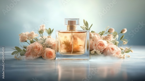 Luxurious Perfume Bottle Surrounded by Soft Floral Arrangements and a Delicate Fragrance Mist on a Serene Background