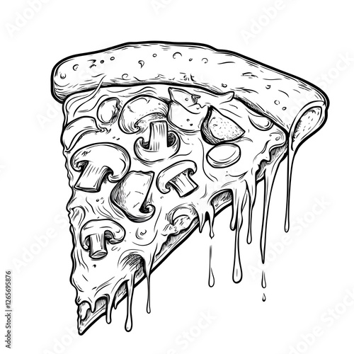 Pizza slice with cheese and mushroom coloring page book