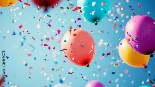 パステルカラーの風船とコンフェッティ