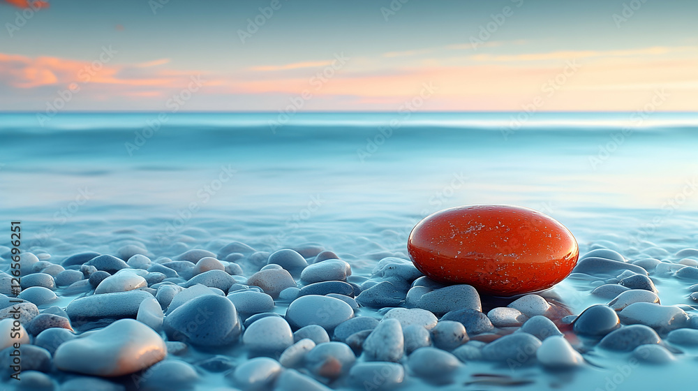Orange stone on beach at sunset; tranquil ocean background; serene nature scene; meditation image Orange stone on beach at sunset; tranquil ocean background; serene nature scene; meditation image