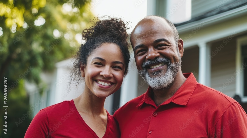 A couple standing together outside a residential home, possibly preparing for an evening out or saying goodbye A couple standing together outside a residential home, possibly preparing for an evening out or saying goodbye