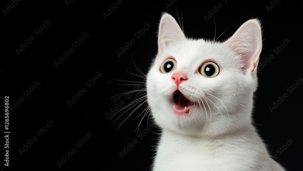 Surprised white cat with open mouth against a solid black background, pet use Surprised white cat with open mouth against a solid black background, pet use