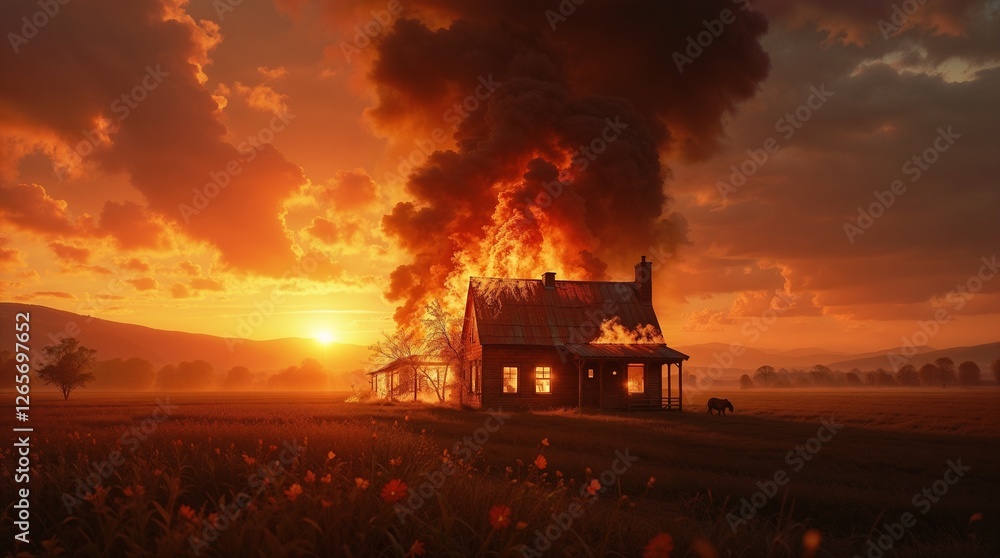 Fototapeta premium Burning House at Sunset – Intense Flames and Smoke in an Apocalyptic Rural Landscape