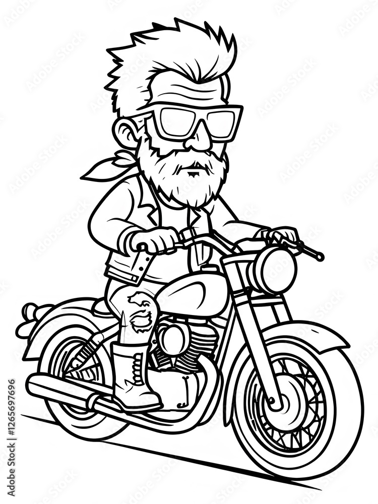 Obraz premium Elderly Man on Classic Motorcycle Cartoon Illustration Coloring Page