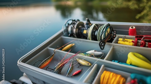 Organized Fishing Tackle Box Preparing for a Day of Angling by a Beautiful Lake