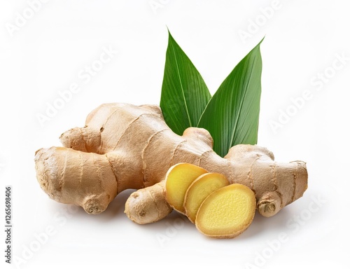 closeup of fresh organic ginger with leaves