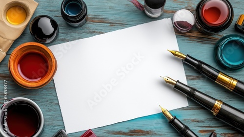 Explore Vibrant Calligraphy With Elegant Tools and Beautifully Crafted Lettering on a Colorful Desk