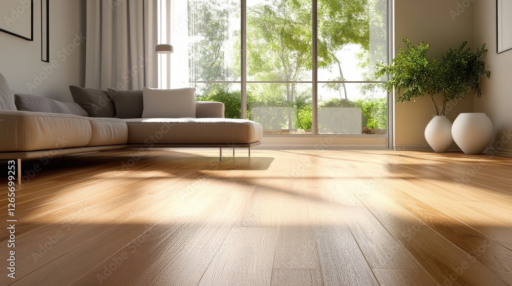 Fototapeta premium Light shines on hardwood floors in a modern living room