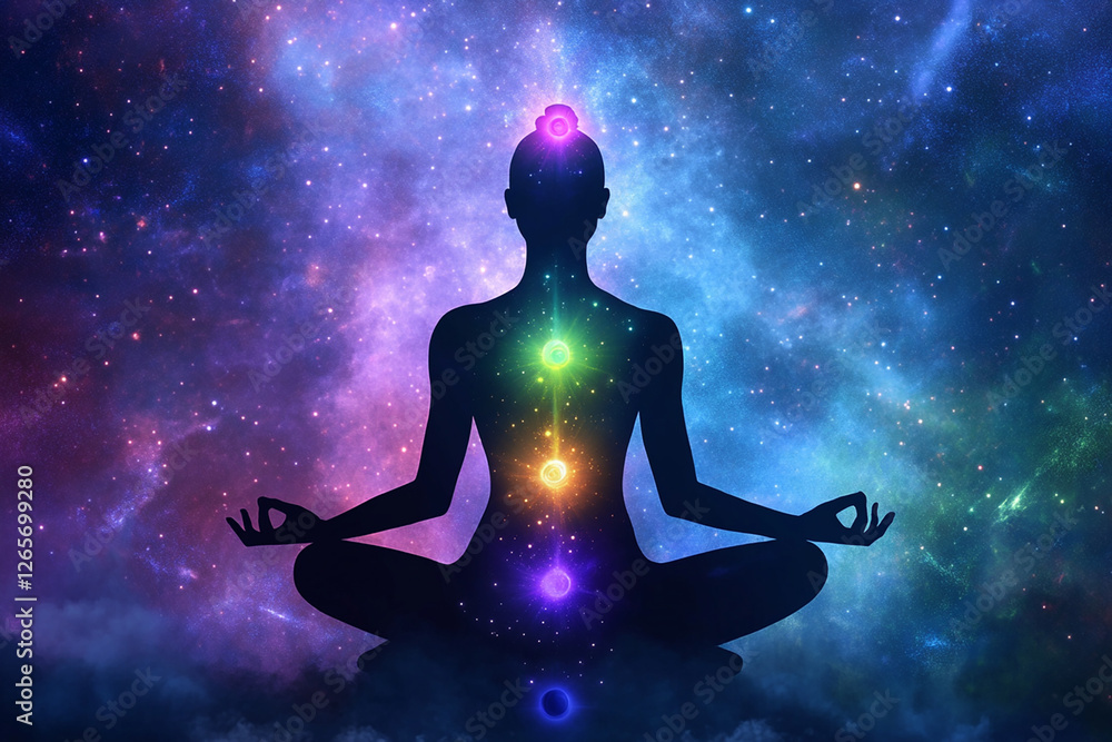Cosmic Yoga Silhouette with Chakra Alignment, meditation, mindfulness, spirituality, chakras, energy Cosmic Yoga Silhouette with Chakra Alignment, meditation, mindfulness, spirituality, chakras, energy