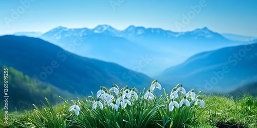 A field of snowdrop flowers with majestic mountains behind