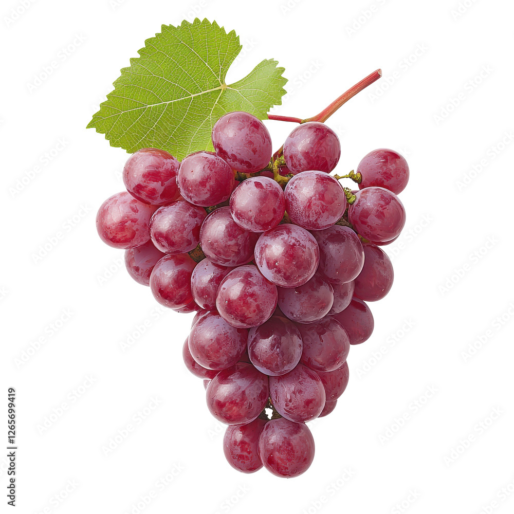 Bunch of fresh red grapes with green leaves, white isolated background. Bunch of fresh red grapes with green leaves, white isolated background.