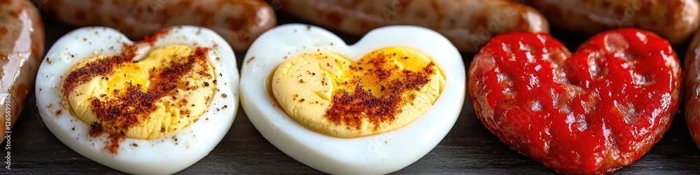 Fresh eggs and sausages on a wooden table, perfect for breakfast or brunch Fresh eggs and sausages on a wooden table, perfect for breakfast or brunch