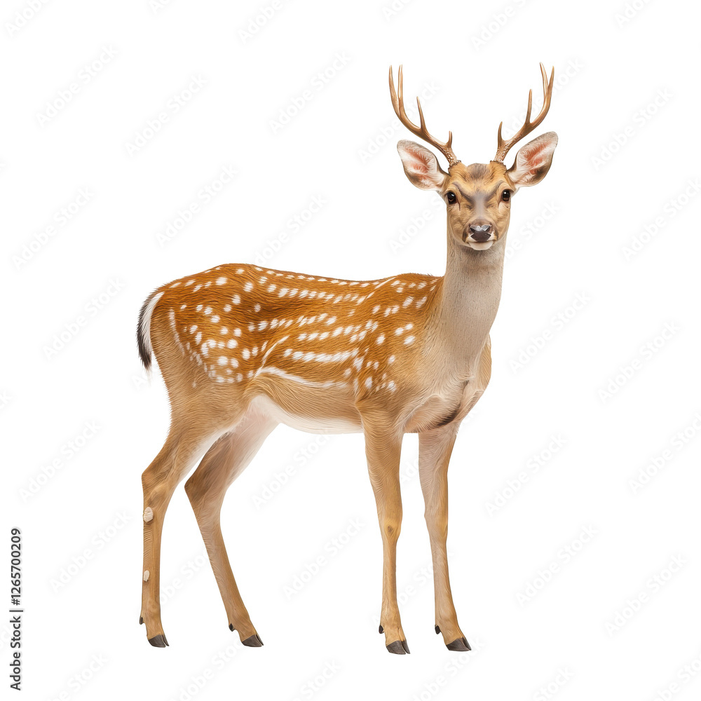 Deer with antlers, standing gracefully on a white isolated background. Deer with antlers, standing gracefully on a white isolated background.