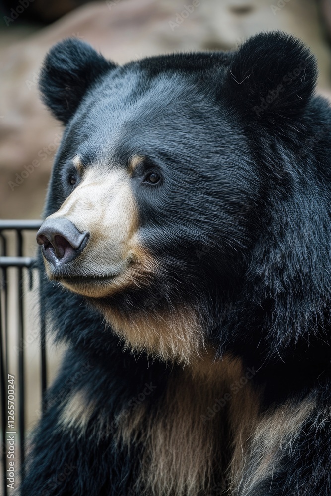 A large black bear is standing next to a metal fence in a natural setting A large black bear is standing next to a metal fence in a natural setting