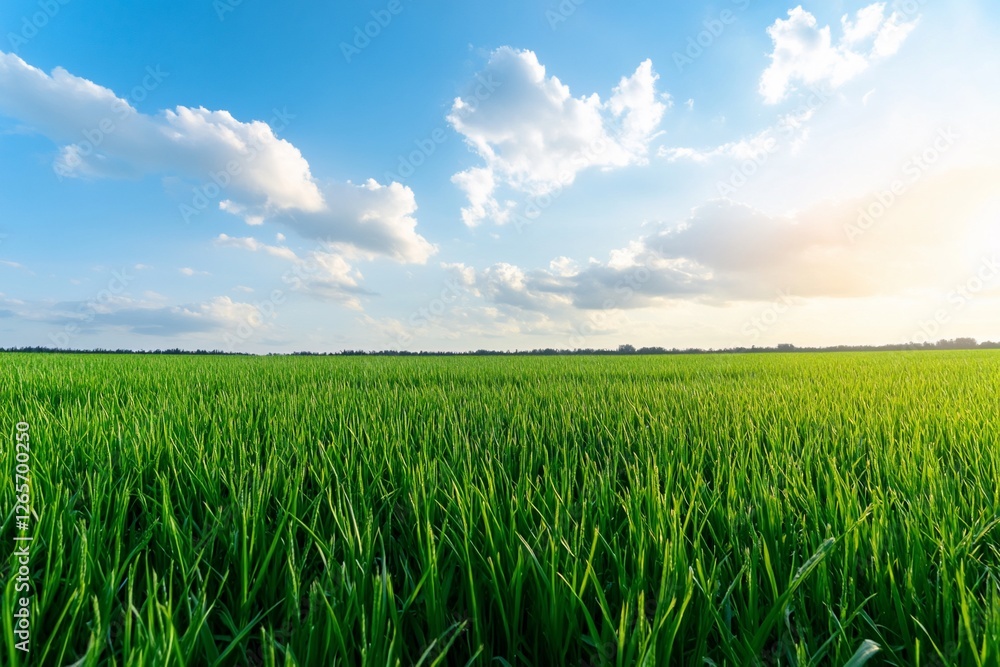Green grass field in the countryside, under blue sky with clouds, serene landscape Green grass field in the countryside, under blue sky with clouds, serene landscape