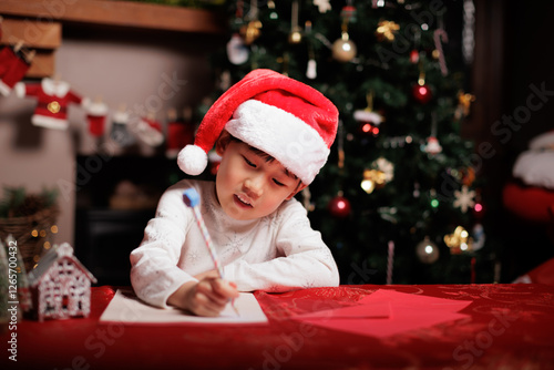 A little girl wearing a Santa hat was writing a letter to Santa at home.